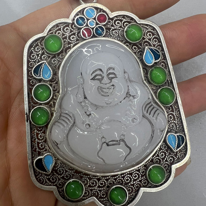 Vintage Collectible Market - Antyczny kolekcjonerski amulet Buddy z jadeitu,